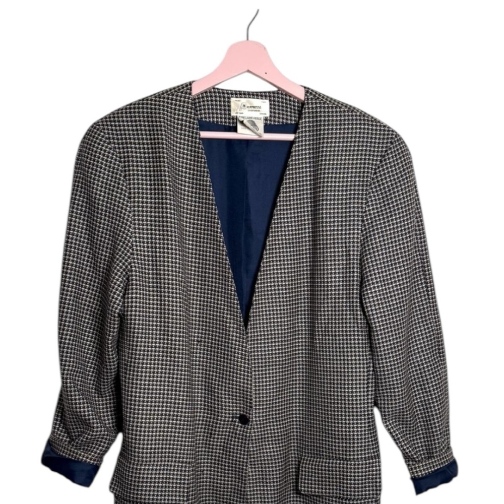 Vintage Perruzza Blazer Virgin wool navy blue White Checkered houndstooth office